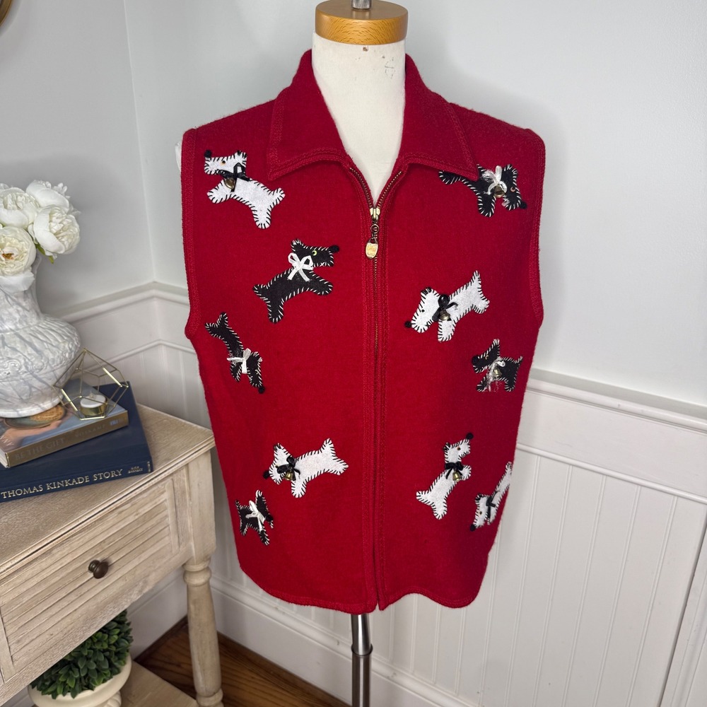 Lisa International Red Boiled Wool Scottie Dog Zip Up Vest Womens Large Novelty
